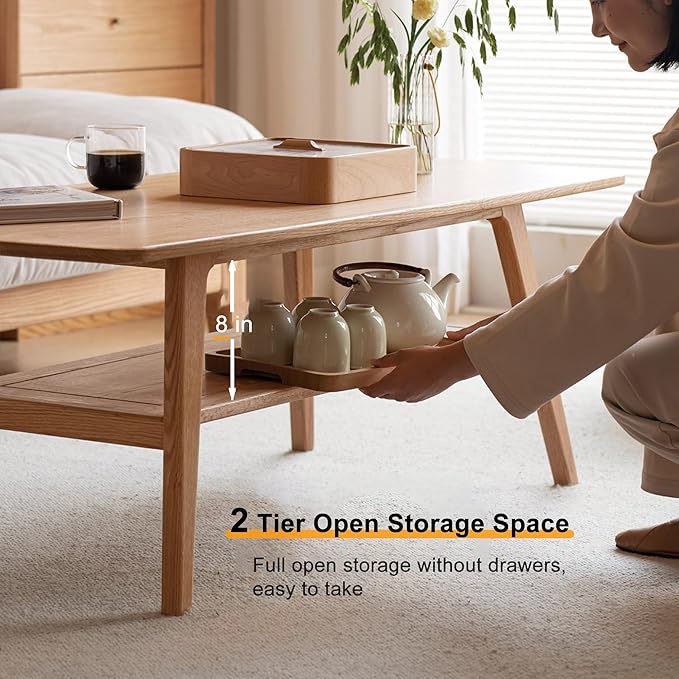 Modern Solid Oak Wood Coffee Table, 2-Tier Small Wooden Coffee Table with Storage Shelf for Living Room, Apartment, Office, Natural (32''D x 20''W x 18''H)