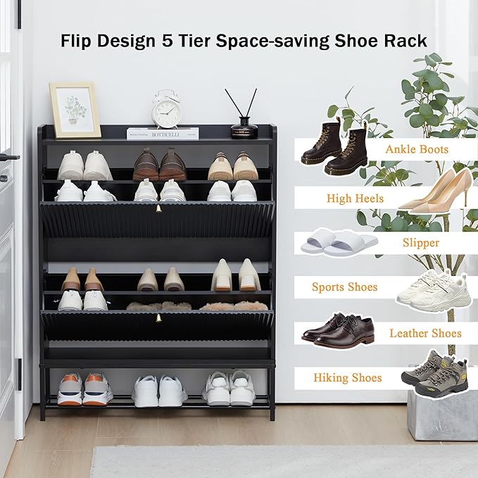 RARZOE Set of 2 Fluted Shoe Cabinets for Entryway with 2 Flip Drawers, Narrow Wood Shoe Cabinet with Fluted Panel, Freestanding Hidden Shoe Rack with Metal Legs for Foyer,Hallway(31.5''Black)