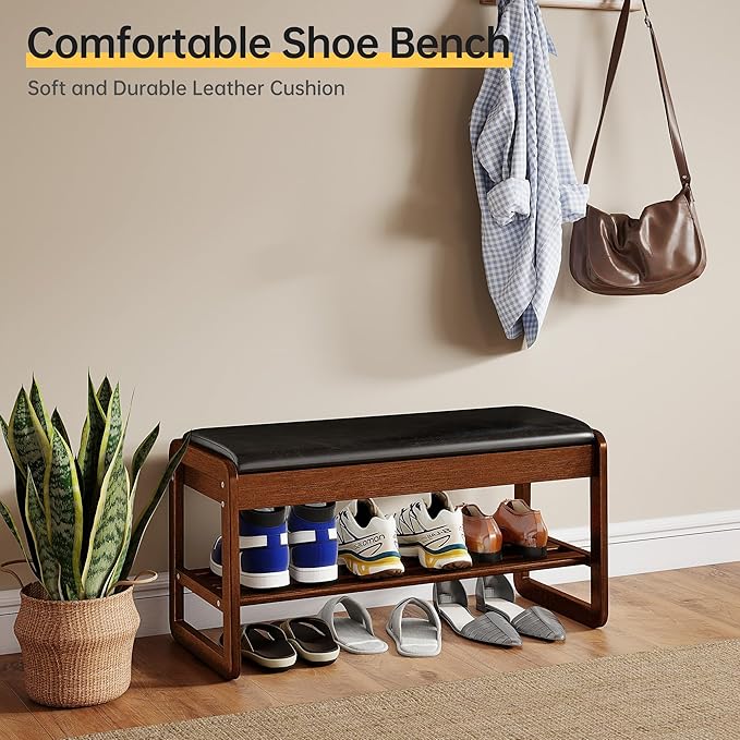 Shoe Rack Bench with Flip-Top Storage, Solid Rubberwood 2-Tier Shoe Organizer with Cushion, Wooden Shoe Stand for Entryway, Mudroom, Hallway, Closet, Front Door Entrance, Foyer