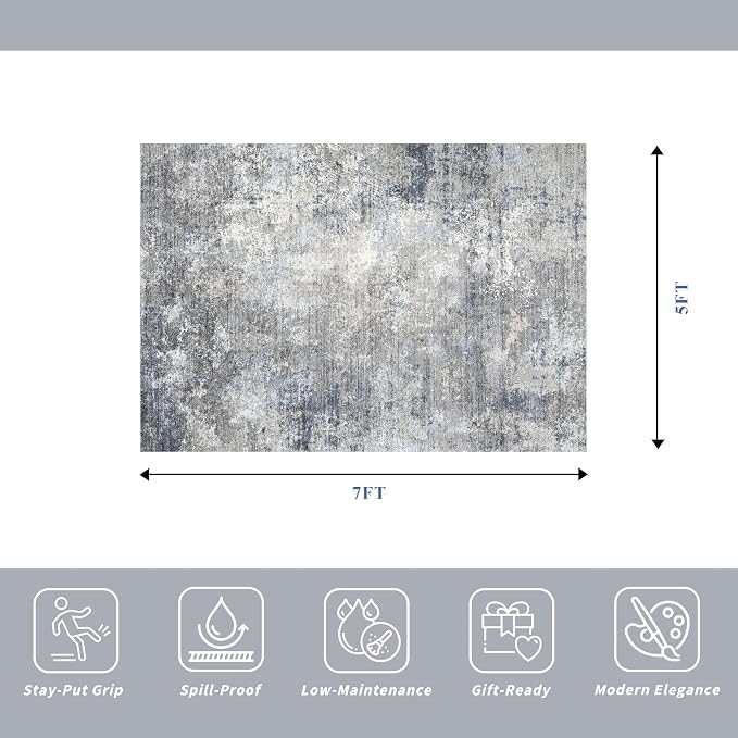 5x7 Washable Area Rug – Modern Neutral Abstract Rug for Living Room Bedroom Kitchen Dining Room Home Office – Non-Slip Low-Pile Thin Indoor Carpet with Rubber Backing (Blue Grey,5x7)