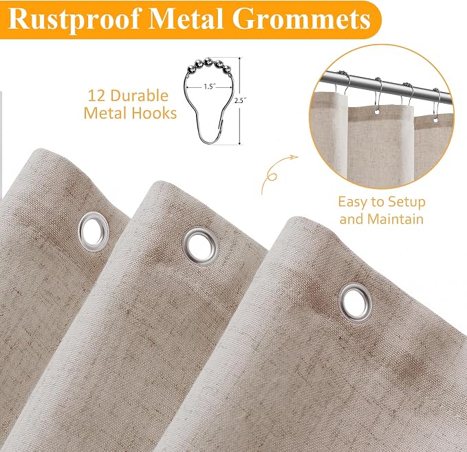 Naturoom Extra Long Linen Shower Curtain 90 Inch Long Shower Curtains Set with Hooks for Bathroom Boho Farmhouse Fabric Neutral Cloth Modern Cottage Core Waterproof,Birch Beige