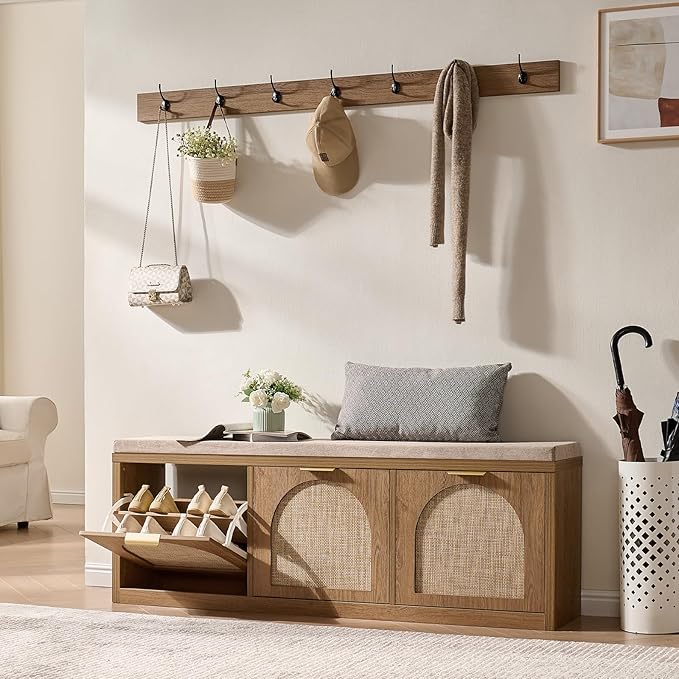 Rattan Narrow Entryway Bench with Shoe Storage, 3 Flip Drawers & Coat Rack, Mid-Century Modern Wood Shoe Cabinet with Seat Cushion for Foyer/Hallway (Rustic Oak Rattan)