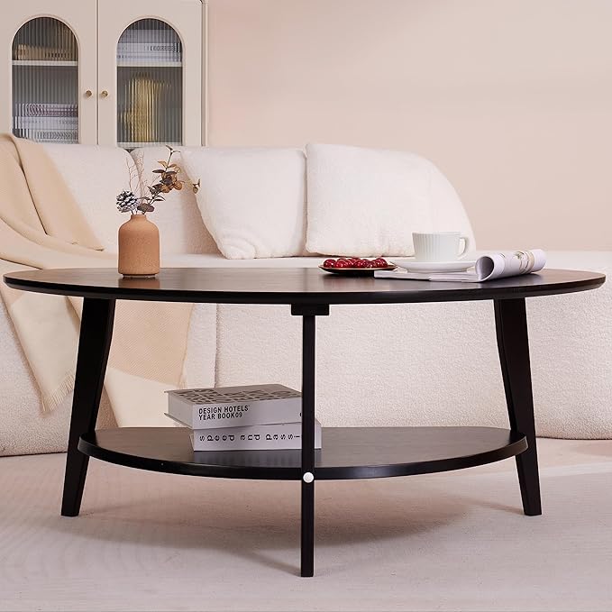 NAVREX Mid Century Modern Coffee Table, Oval Coffee Tables with Storage for Living Room, 2 Tier Solid Wood Center Table, Black Coffe Tables, Easy Assembly, 40.2" D x 22" W x 17.7" H