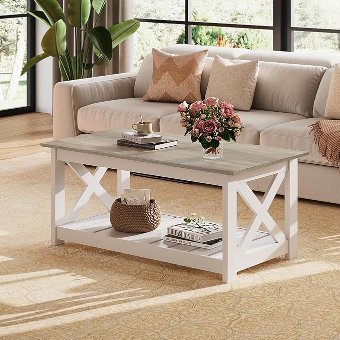 WLIVE Coffee Table, 40.1" Farmhouse Coffee Table with Slatted Storage Shelf & X-Shape Frame, 2-Tier Wood Center Table for Living Room, Balcony,White