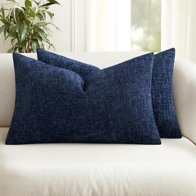 MIULEE Decorative Throw Pillow Covers 12x20 Pack of 2 Navy Blue Couch Pillow Covers Soft Cozy Textured Chenille Pillowcases for Home Decor Sofa Living Room Cushion Bedroom