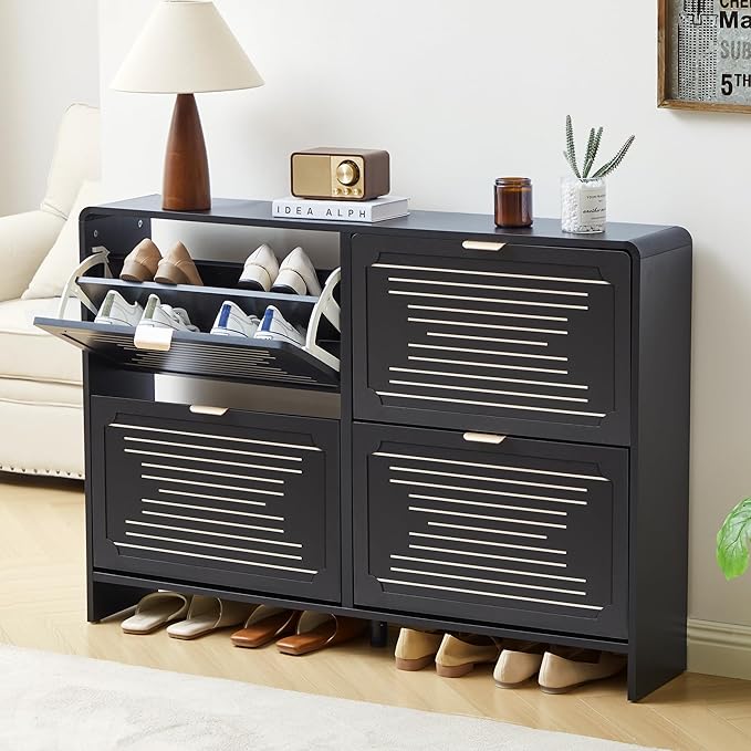 Shoe Storage Cabinet for Entryway with 4 Flip Drawers, Narrow Shoe Rack Organizer, Slim Freestanding Wood Hidden Shoe Cabinet with Adjustable Shelf for Hallway, Living Room (Black, 47.24'')