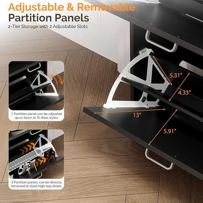 VINGLI Shoe Cabinet Storage for Entryway with 2 Flip &1Drop-Down Drawers | 24.8" W Narrow Slim,Modern Black Color,Holds 8–12 Pairs of Shoes,Smart Baseboard Cut-Out Design,9.45" Depth
