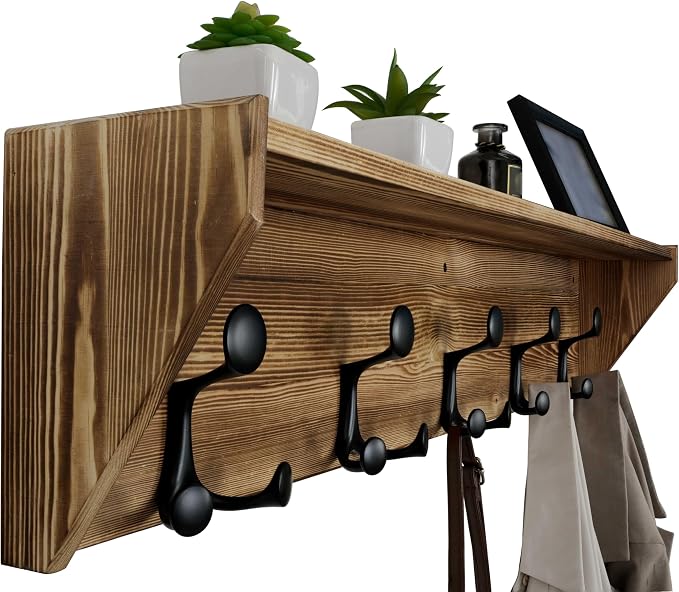 WEBI Wall Shelf with Hooks Underneath,35" Long Wall Mounted Coat Rack with Shelf,Entryway Coat Rack with 5 Triple Hooks for Hanging Coats,Jacket,Hallway,Bedroom,Mudroom,Brown