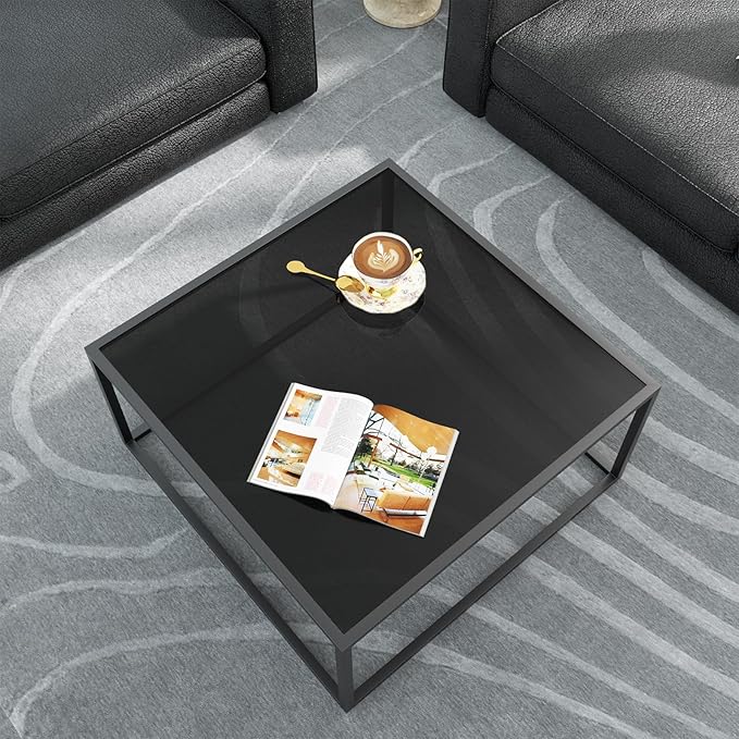 SAYGOER Black Glass Coffee Table Small Modern Coffee Tables 26.7in Square Tempered Glass-Top Accent Center Table for Living Room Home Office with Black Metal Frame Easy Assembly