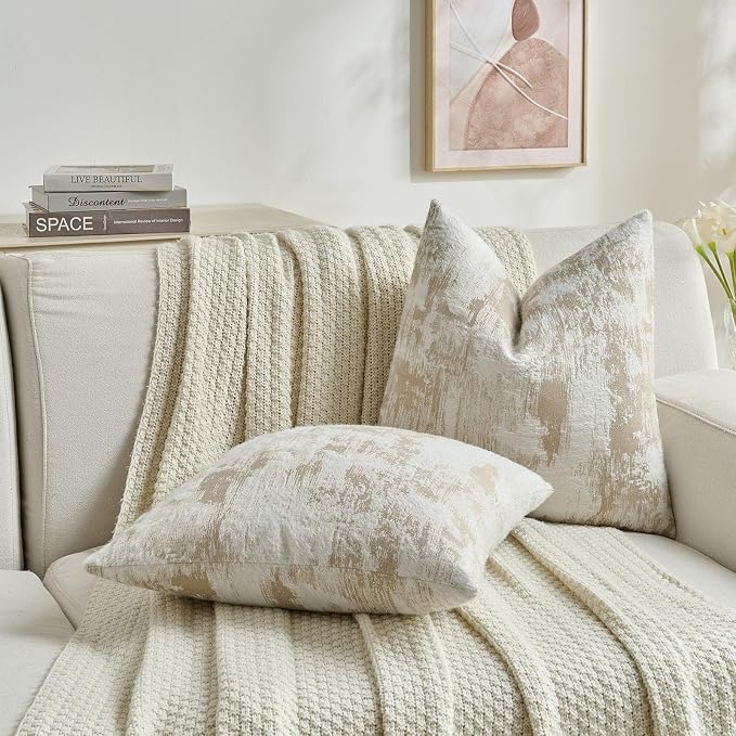 FUTEI Pack of 2 Faux Cashmere Jacquard Throw Pillow Covers 24x24 Inch Soft Marble Pattern Vintage Decorative Euro Pillow Shams Modern Farmhouse Accent for Couch Bed Living Room, Khaki White