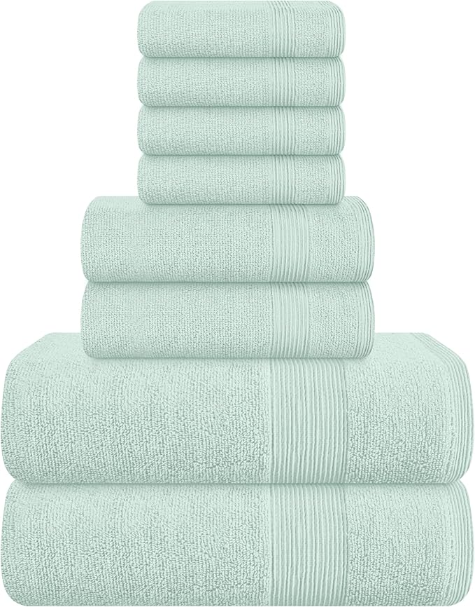 Belizzi Home 8 Piece Towel Set 100% Ring Spun Cotton, 2 Bath Towels 27x54, 2 Hand Towels 16x28 and 4 Washcloths 13x13 - Ultra Soft Highly Absorbent Machine Washable Hotel Spa Quality - Sea Green
