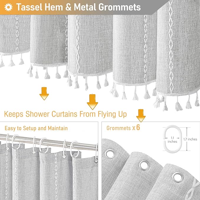 BTTN Boho Farmhouse Shower Curtain - Linen Rustic Heavy Duty Striped Fabric Shower Curtain Set with Tassel, Bohemian Vintage Country Cloth Shower Curtains for Bathroom，Grey，36" W x 72" L (Pack of 1)