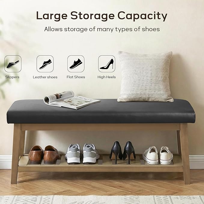 Entryway Bench with Cushion, Upholstered Shoe Rack Bench with Solid Wood Shelf, 44" End of Bed Bench for Bedroom, Chenille Fabric Storage Bench for Entryway, Hallway, Living Room (PU-Black)