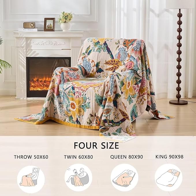 Boho Throw Blanket Farmhouse Decor Throw Blanket Bohemian Blanket for Bed 100% Cotton Muslin Woven Couch Blanket All Seasons Quilt Bedroom (C-Beige, 80"x90")