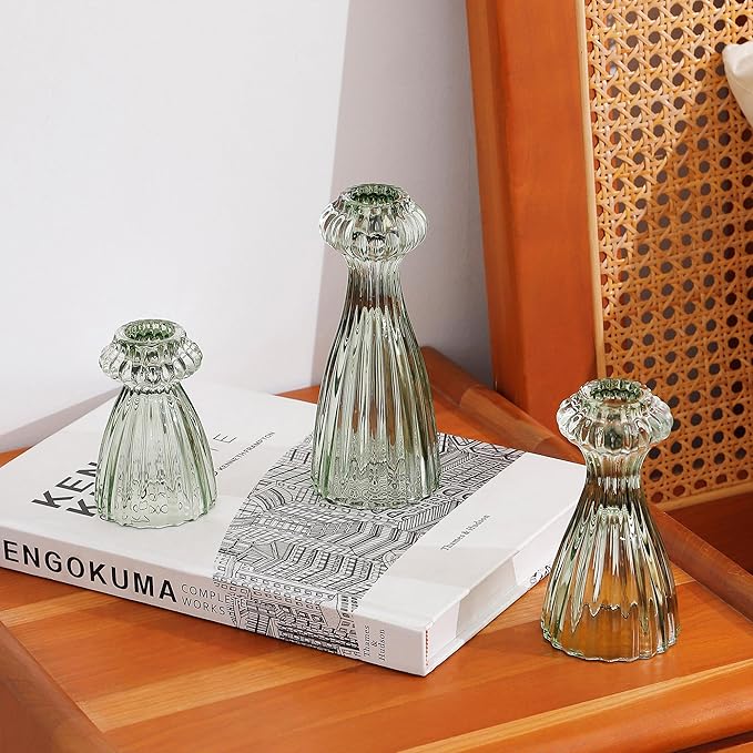 Lysenn Glass Candle Stick Holder Set of 6 – Premium Taper Candle Holders for Romantic Ambiance - Candle Sticks Holder Decor for Special Occasions - Green