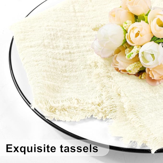 TURSTIN 12 Pieces Cotton Linen Cloth Napkin Handmade Cloth Napkin with Fringe 17 x 17 Inch Soft Dinner Wedding Napkins Square Rustic Fringe Table Napkins for Dinners, Parties, Weddings, Ivory