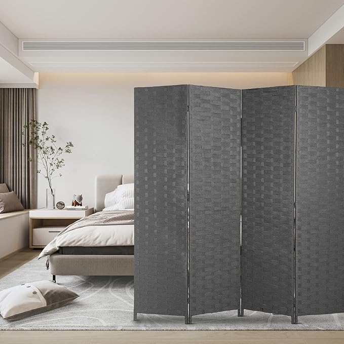 FDW Room Divider Wood Screen Mesh Woven Design Folding Portable Partition Screen Wood for Home Office (4 Panel, Gray)