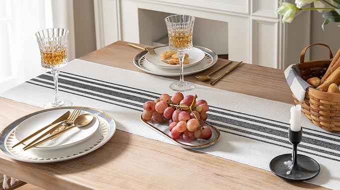 Boho Table Runner for Modern Farmhouse Decor, Dining Table décor 13 x 72 Inch Long with Handcrafted Tassels, Black and Beige Stripe Table Runner for Home Boho décor