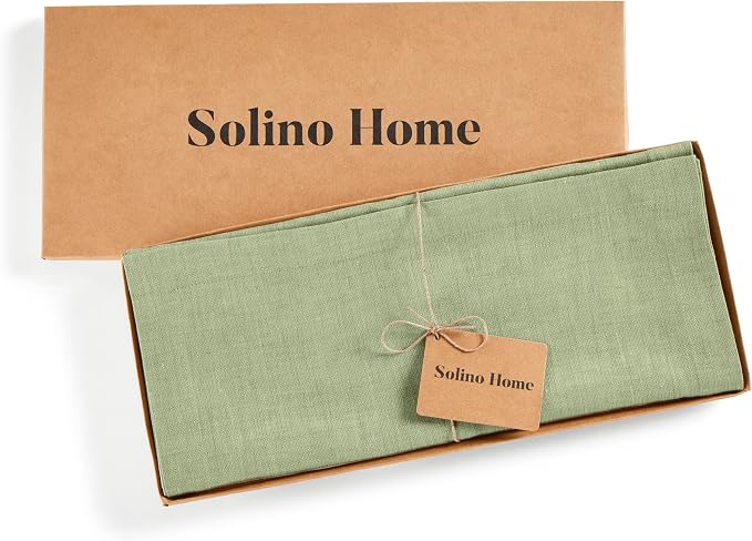 Solino Home Linen Table Runner 108 Inches Long - Athena, 100% Pure Linen Chambray Olive Table Runner 14 x 108 Inch for Dining, Summer