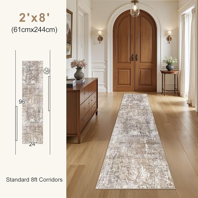 UERMEI 2x8 Washable Runner Rug for Hallway, Non Slip Low Pile Kitchen Carpet, Neutral Modern Abstract Indoor Floor Mat for Entryway Laundry, Kid & Pet Safe High Traffic Area, Brown/Grey/Red