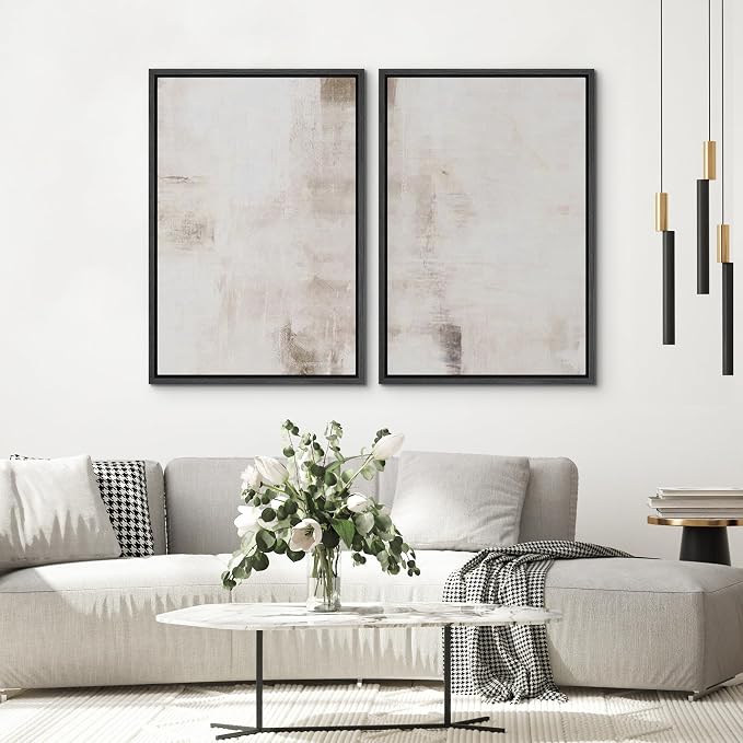 SIGNWIN Framed Canvas Print Wall Art Set Neutral Abstract Soft Beige and White Illustrations Modern Art Minimal Relax/Calm for Living Room, Bedroom, Office - 24"x36"x2 Black