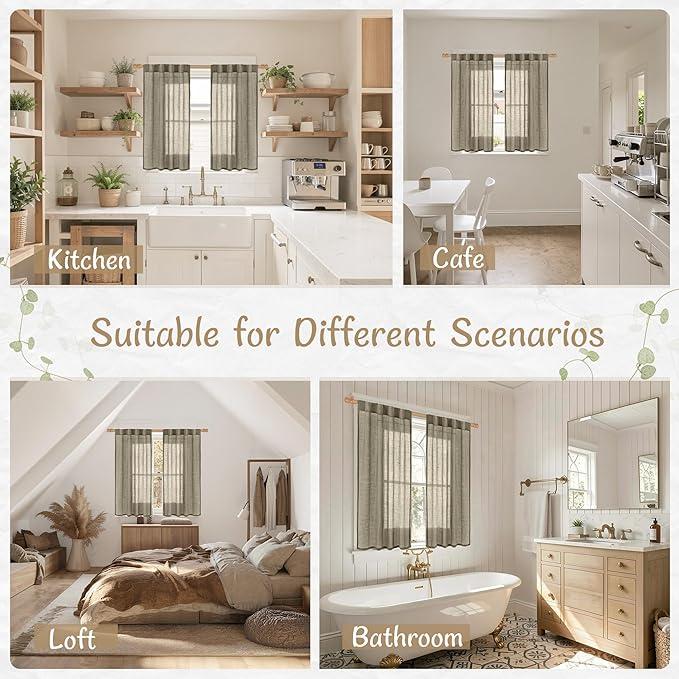 LAMIT Taupe Sheer Linen Curtains 48 Inch Length, Light Filtering Short Kitchen Window Drapes Back Tab and Rod Pocket Neutral Farmhouse Panels for Bedroom/Cafe, 2 Panels, 34 x 48 Inch
