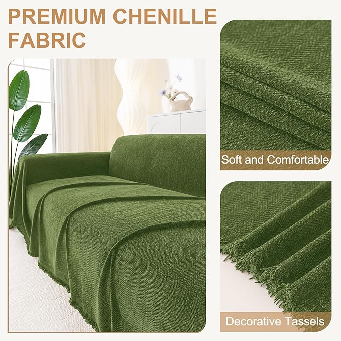 Smiry Couch Cover for Dogs, Washable Chenille Sofa Covers for 3 Cushion Couch, Soft Sofa Slipcover for Pets, Thick Sectional Furniture Protector with Tassels (Green, 71x91 Inch)