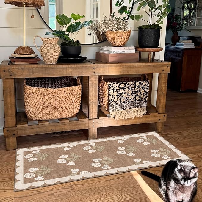Front Door Mat Indoor Entrance - 2x4.3 Ft Floral Washable Layered Doormat Outdoor Entrance Porch Rug Non-Slip Tan Boho Farmhouse Runner Rug for Kitchen Hallway Bedroom Laundry Room Porch Decor