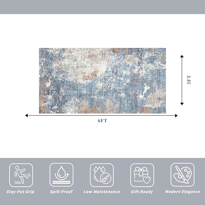 3x6ft Non-Slip Washable Kitchen Rug - Soft Wide Indoor Carpet Runners for Entryway, Hallway, Bathroom with Rubber Backing, Modern Distressed Low-Pile Thin Floor Runner (Blue Rust,3x6)