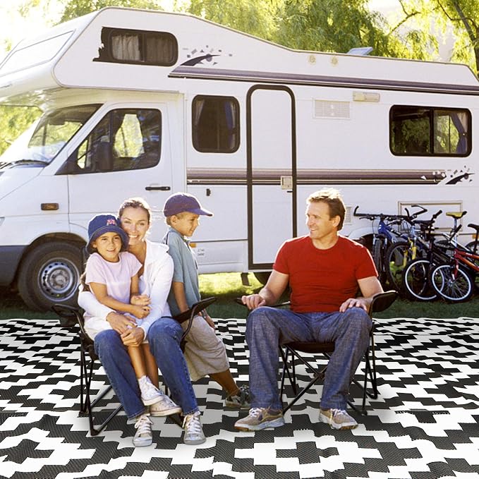 SAND MINE Waterproof Outdoor Rug 9x12 ft, Plastic Reversible Rug, Modern Area Rug, Large Floor Mat for Outdoors, RV, Patio, Backyard, Deck, Picnic, Beach, Camping (9' x 12', Black & White Lattice)