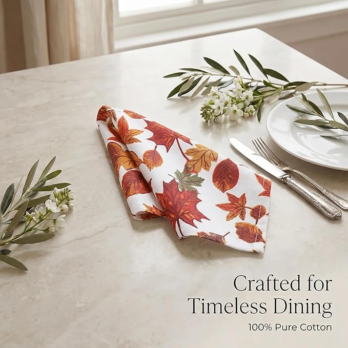 Urban Villa Cloth Napkins 100% Cotton Highly Absorbent Washable Reusable Premium Dinner Napkins Ideal for Gifts for Mothers Day Hotel Farmhouse Parties - Harvest Leaf Print (20" x 20", Set of 12)