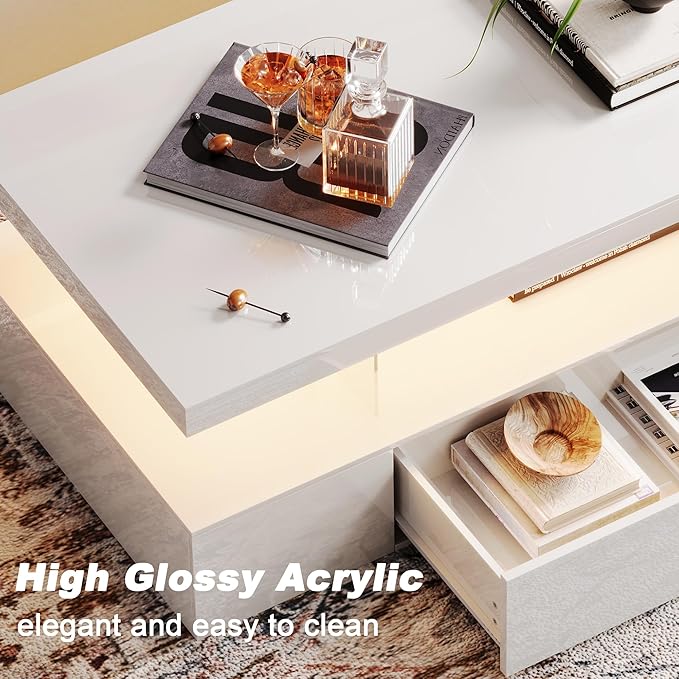ChooChoo Modern LED Coffee Table, High Glossy Center Table with Drawer, Rectangle Coffee Table with Storage for Living Room, Bedroom, White