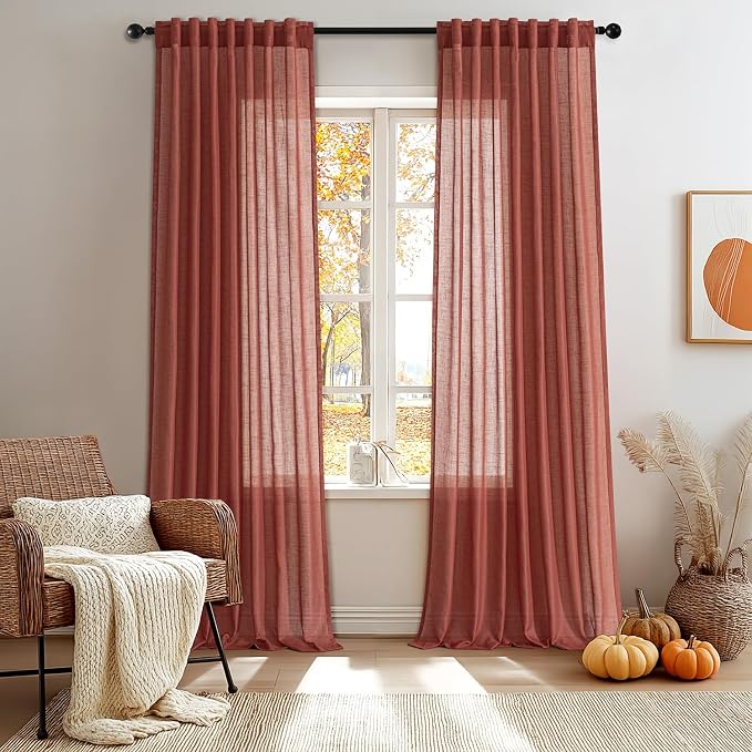 Extra Long Terracotta Linen Curtain 120 Inch long Back Tab Light Filtering Semi Sheer Modern Farmhouse Cotton Textured Ceiling to Floor Window Panels for Living Dining Room Bedroom Decor 2 Panels
