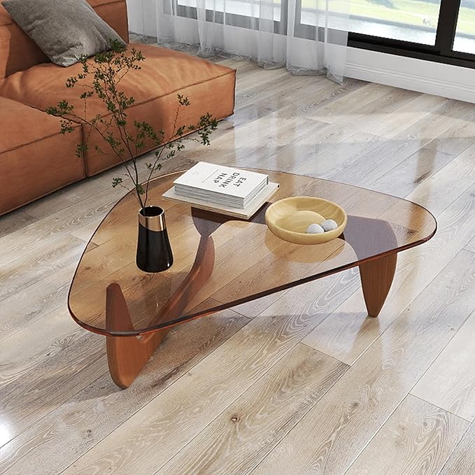 Mid Century Modern Coffee Table, 35.5″Center Table with Solid Wood Base & Triangle Tempered Glass Top, for Small Spaces/Living Room Reception/Office, Unique, Rustic