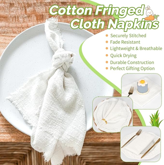 Showgeous 30 Pack White Cloth Napkins with Fringe 16x16 inch 100% Cotton White Napkins Handmade Dinner Napkins Bulk Washable Soft Rustic Table Napkins for Wedding Parties Bridal Baby Shower