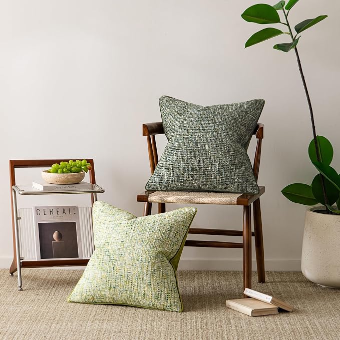 a moment Green Reversible Pillow Covers 2 Pack - Farmhouse Chenille Velvet Throw Pillows, Neutral Textured Decorative Throw Pillow Covers with Border for Couch Sofa Bed (24x24 Inch, No Insert)