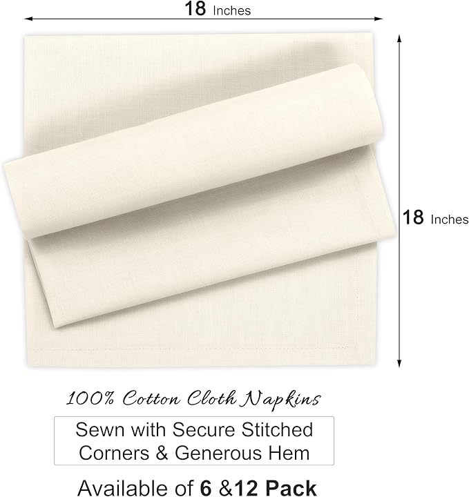 Ruvanti Cloth Napkins Set of 6, 100% Cotton High GSM 18x18 Inches Soft, Washable, Highly Durable & Absorbent, Perfect for Parties, Christmas, Thanksgiving Dinners – Antique White