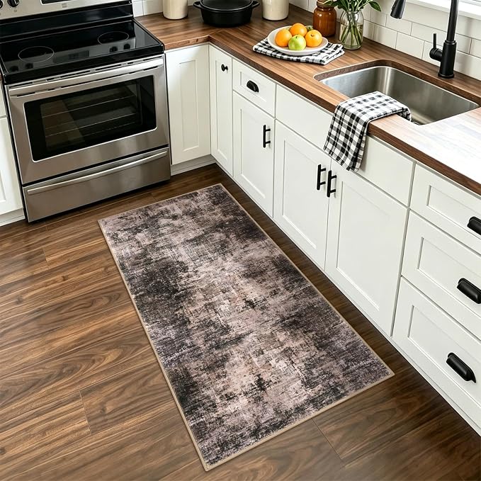 IOHOUZE Abstract Runner Rug 2x4 Ft Entryway Rugs Washable Door Mat Indoor Entrance, Rubber Backed Entryway Runners, Printed Faux Wool Non Slip Floor Carpet for Foyer Front Door Sink, Brown/Rust