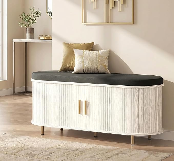 Entryway Bench with Storage: 43.31" Wooden Bedroom Shoe Bench with Thickened Padded Seat Cushion, Mid Century Modern Fluted Sliding Door and Adjustable Shelf, for Entryway, Living Room
