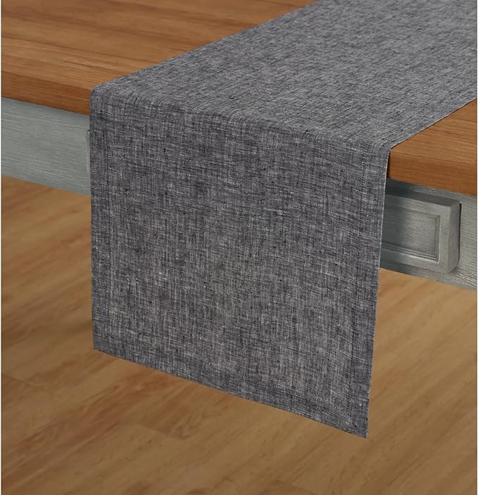 Solino Home Linen Small Table Runner 48 Inches - Athena, 100% Pure Linen Chambray Black Table Runner 14 x 48 Inch Ideal for Dresser and Coffee Tables