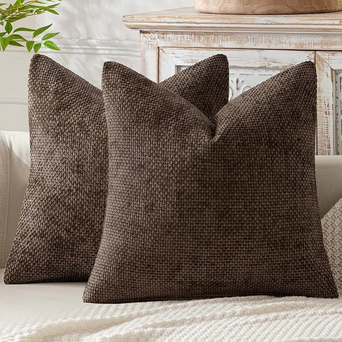 MIULEE Pack of 2 Couch Throw Pillow Covers 24x24 Inch Neutral Dark Brown Boho Accent Decorative Pillow Covers Soft Chenille Farmhouse Cushion Covers for Home Decor Bed Sofa Living Room