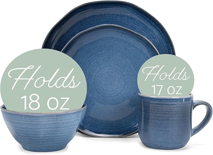 Elanze Designs Reactive Glaze Farmhouse Rustic Boho Ceramic Stoneware Dinnerware 16 Piece Plate Bowl Mug Dish Set - Service for 4, Cobalt Blue