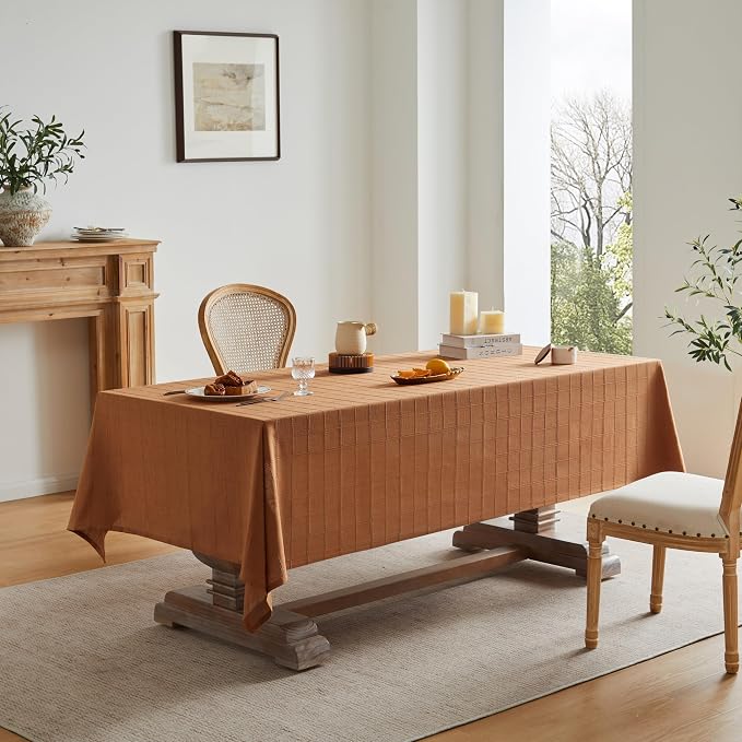 ZeeMart Linen Checked Table Cloth 60x120 Inches (Fit 7ft–8ft, Narrow Fit 9ft Rectangle Table), Farmhouse Style Plaid Embroidered Water Resistant Table Cover, Caramel