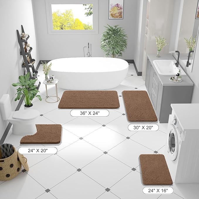OLANLY Toilet Rugs U-Shaped 24x24, Extra Soft Absorbent Chenille Contour Bathroom Rugs for Toilet, Dry Quickly, Machine Washable, Non-Slip Bath Mat, Mocha