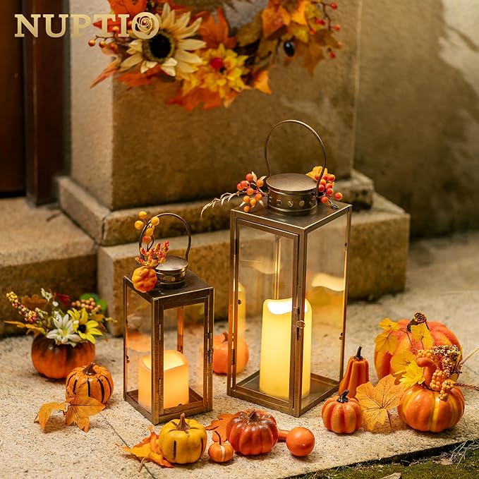 NUPTIO Vintage Lanterns Decorative Outdoor: 9.5 13.8 inches Tall Set of 2 Rustic Metal Lantern Decor with Glass - Distressed Gold Candle Holder for Wedding Christmas Mantel Living Room Patio