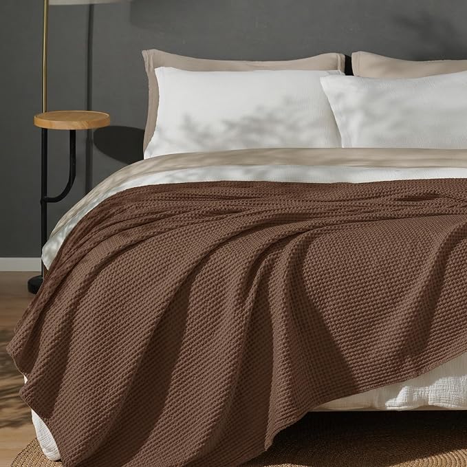 PHF Pre-Washed 100% Cotton Waffle Weave Blanket Twin Size for Bed,Snag Proof Throw Blanket for Couch Spring Summer Lightweight Breathable,Machine Washable, Home Decor Gift - Cappuccino