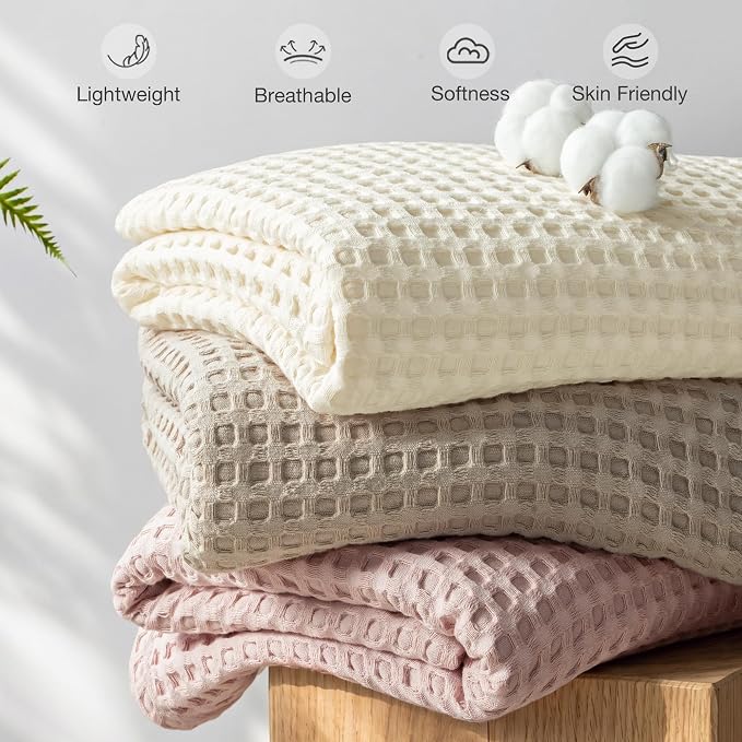 Exclusivo Mezcla Pre-Washed 100% Cotton Waffle Blanket Full Size for Bed, 330GSM Lightweight Breathable Summer Blankets, Soft and Cozy, Home Decor, Ivory, 80x90 Inches