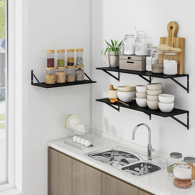 Heimlove Black Deep Floating Shelves for Wall, 48W x 12D Wood Wall Shelves Set of 2, Wide Floating Bookshelf for Living Room, Kitchen, Office, Bedroom and Decor Storage, with Metal Bracket - Black