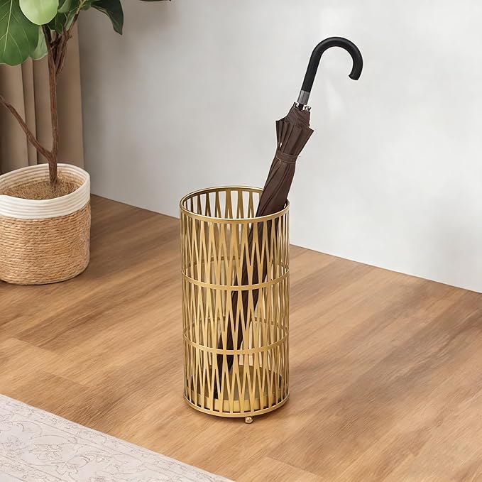 Joveco Umbrella Racks- Gold Metal Round Umbrella Stand Holder with Drip Tray for Home Entryway- Free Standing Holders for Canes Walking sticks and Hiking Poles (Gold Chevron)