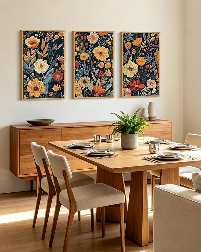 PHOPAGO Vintage Flower Framed Wall Art Large 16x24in Boho Colorful Floral Wall Decor Retro Botanical Wildflower Modern Art Prints Living Room Bedroom Home Decor - Natural Framed